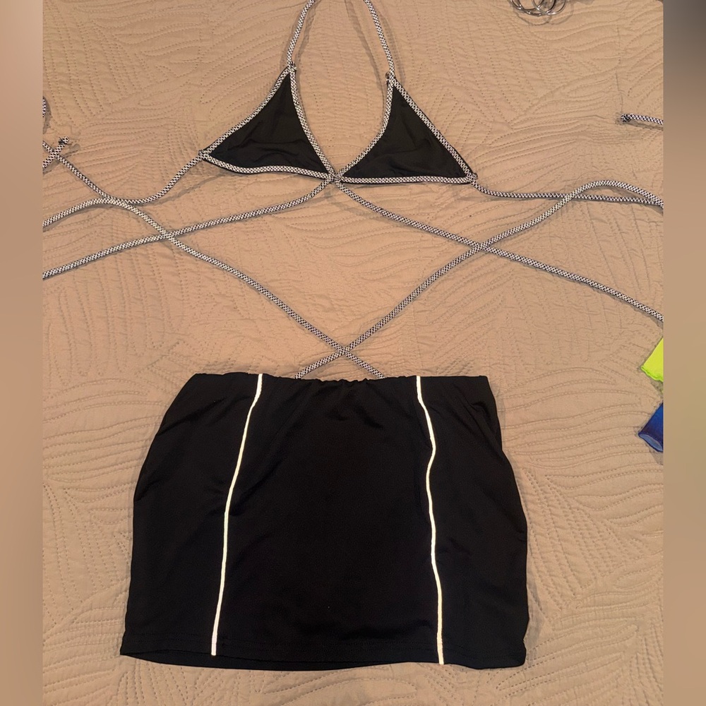 Black Triangle String Bikini Top with Contrasting Trim